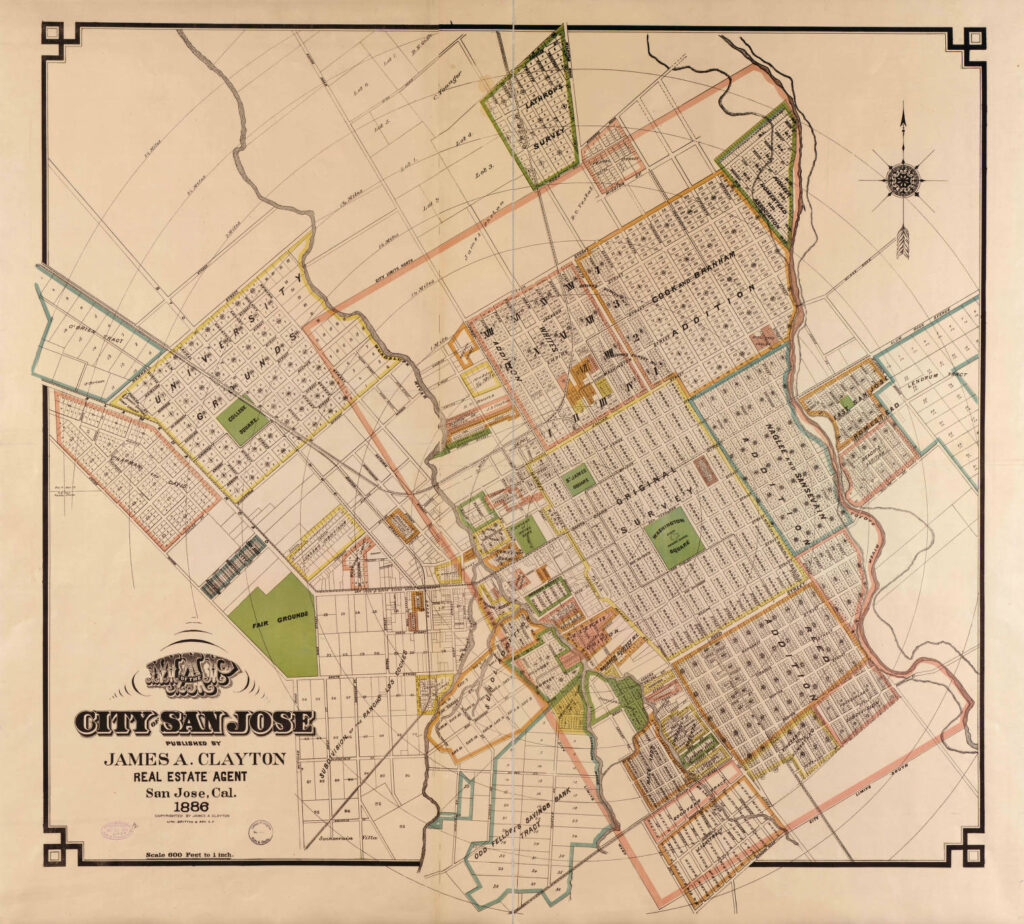 1886 map of San Jose, the fair grounds located in the lower, left and in green. This would also be known as Agricultural Park and cyclers park.
