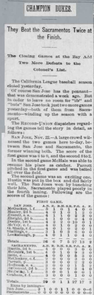 San Jose Herald article declaring the San Jose Dukes champs.