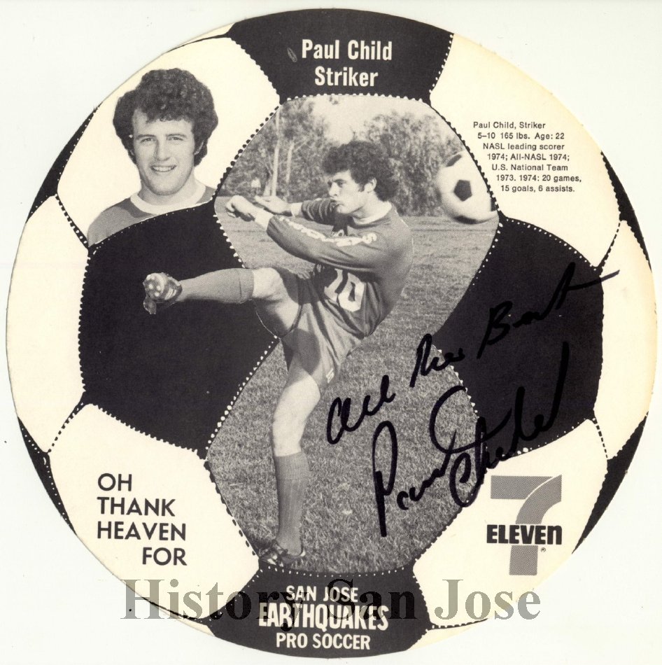 Promotional item featuring San Jose Earthquakes player Paul Child. History San Jose collection.