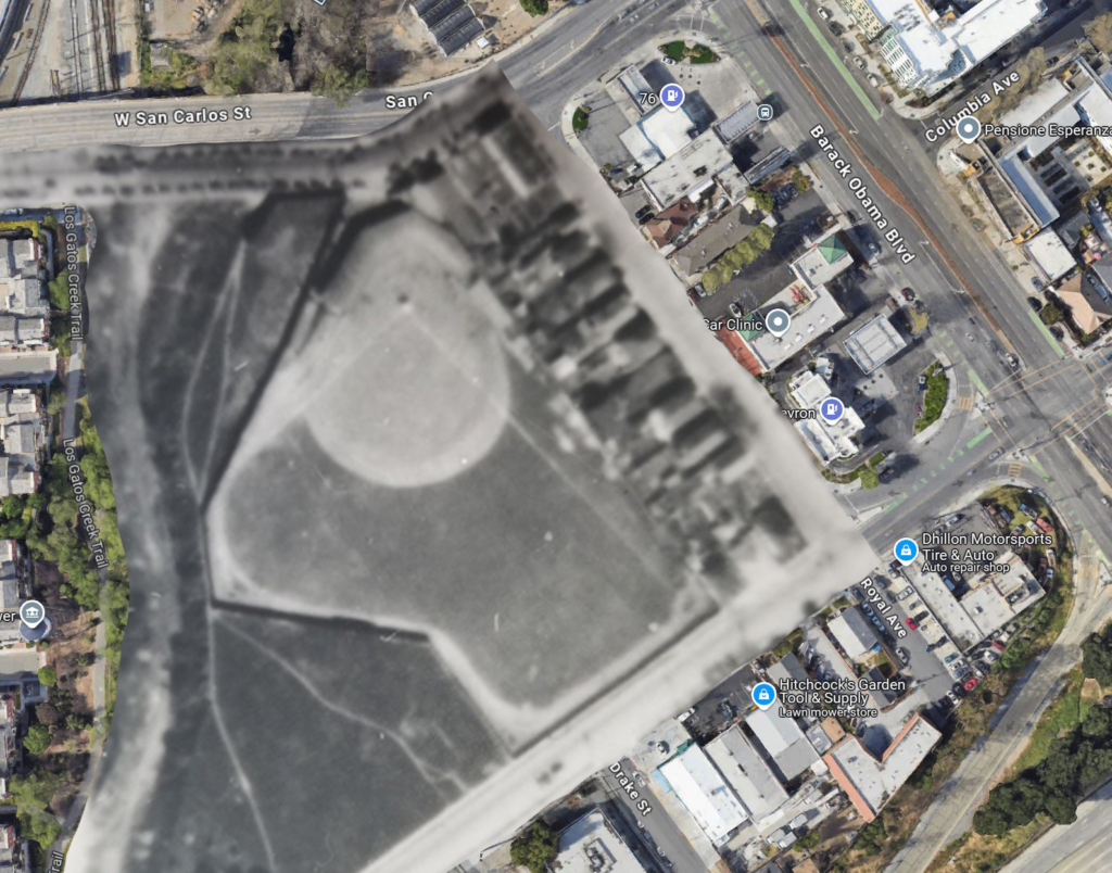 Historic aerial shot overlayed Google Maps shows the approximate configuration of Sodality Park.