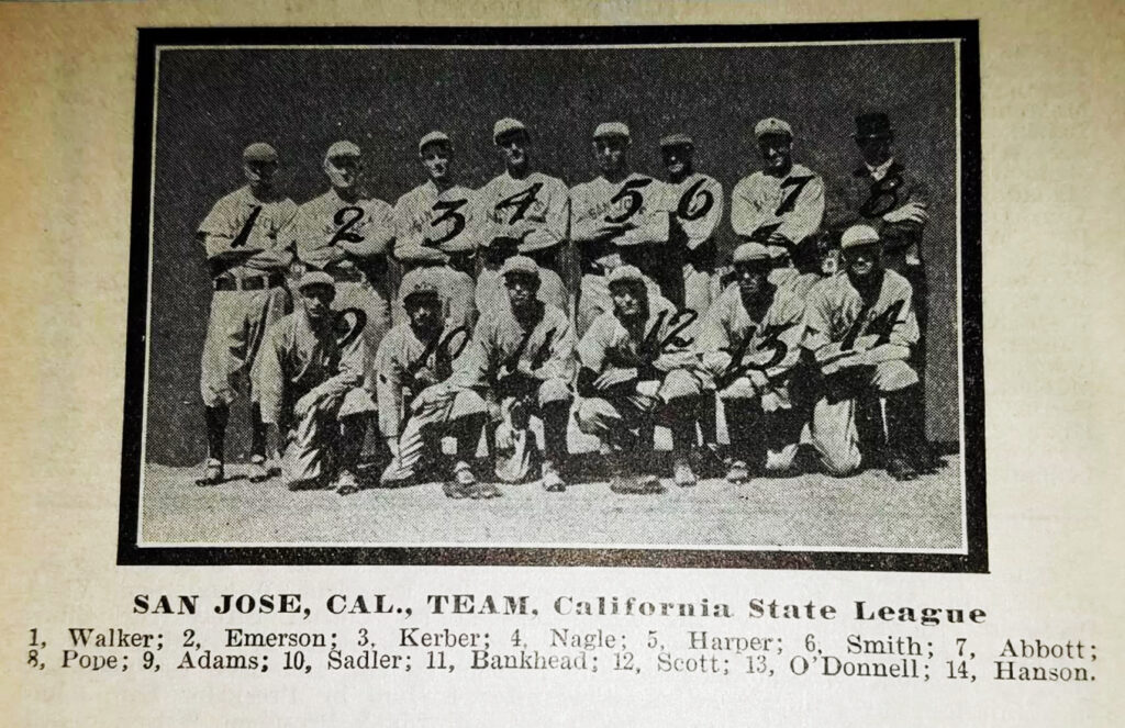 The 1913 San Jose Bears, including manager/player Judge Nagle and short-lived Brooklyn Superbas player Happy Smith.