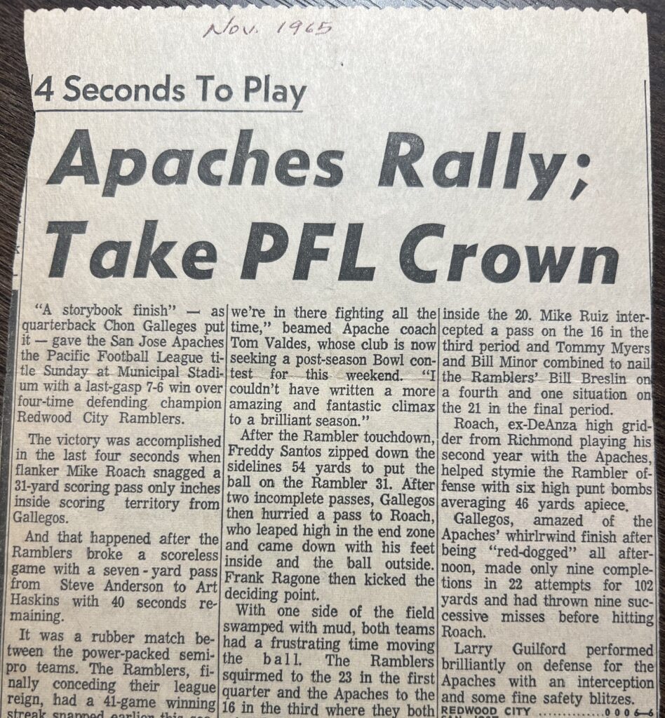 San Jose Mercury News story from December 13, 1965 with headline "Apaches Rally; Take PFL Crown"