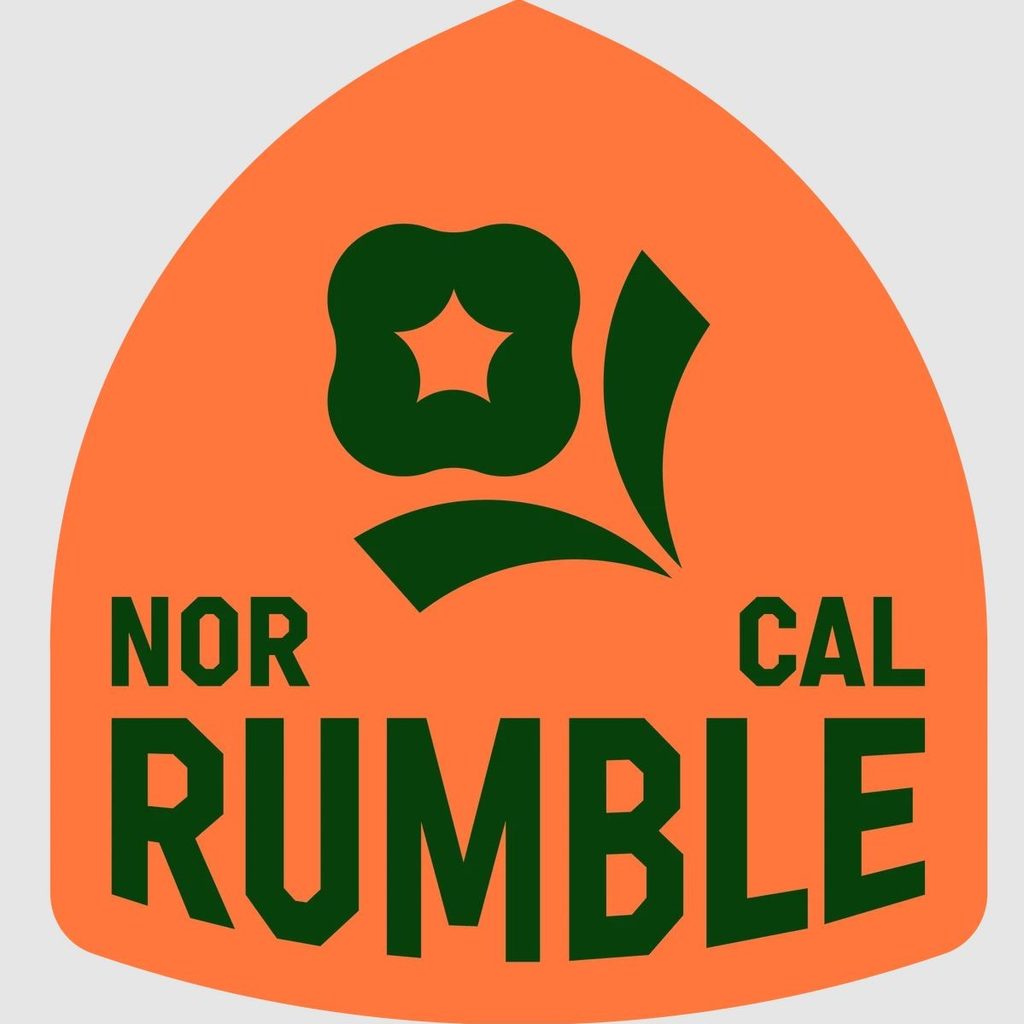 The NorCal Rumble logo featuring a "California wildflower" in "evergreen" and "Monarch orange" background.