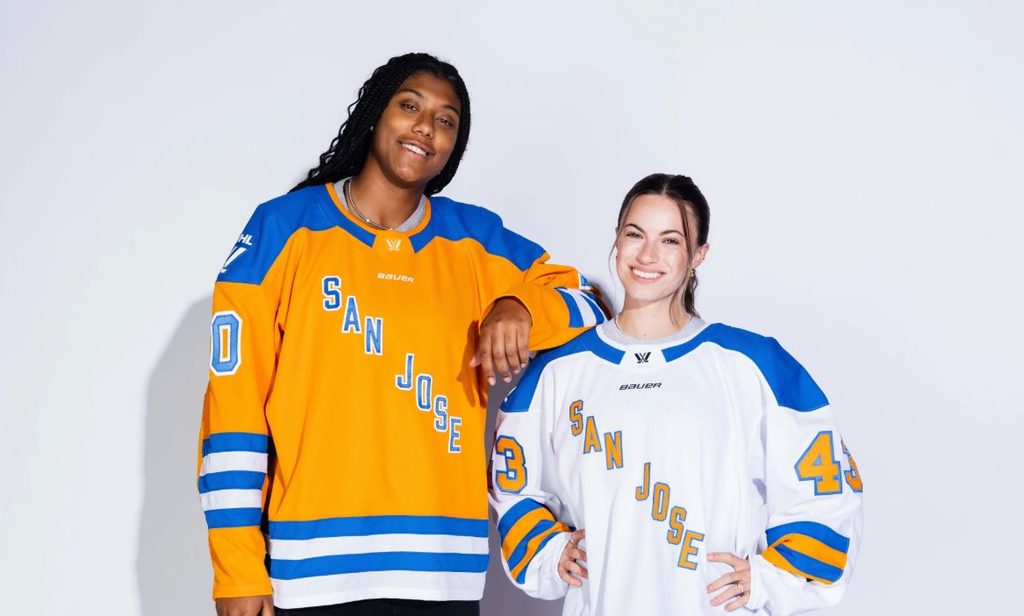 Models showing off the inaugural home and away San Jose PWHL jerseys.